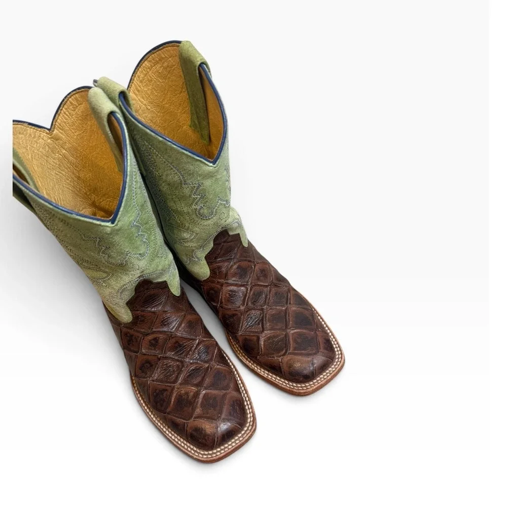 Horse Power Kids Cowboy Boots Brown Fish Print Green leather Square Toe Size 3